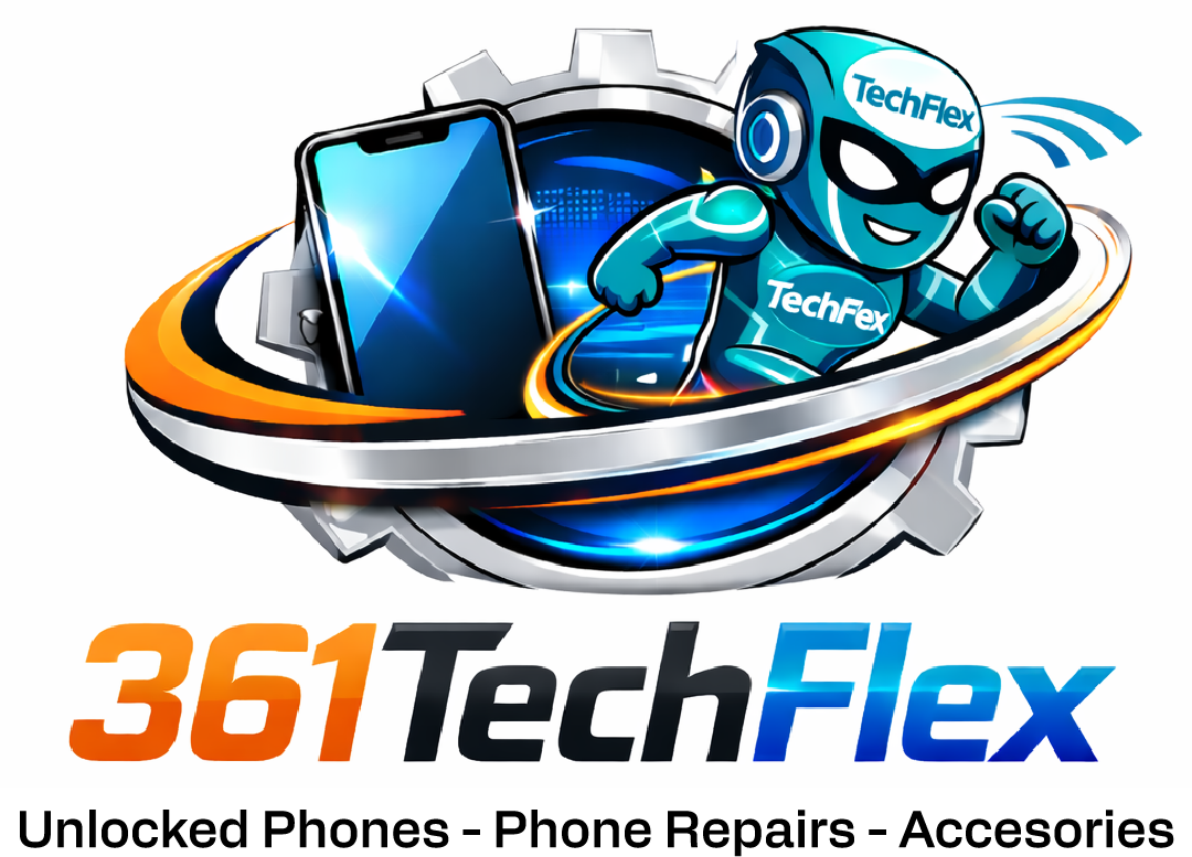Logo depicting a blue robot labeled TechFlex next to a smartphone encircled by an orange and silver orbit, with the text 361TechFlex and slogan Unlocked Phones - Phone Repairs - Accessories.